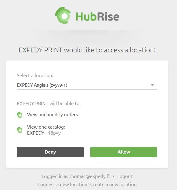 Selecting the HubRise location