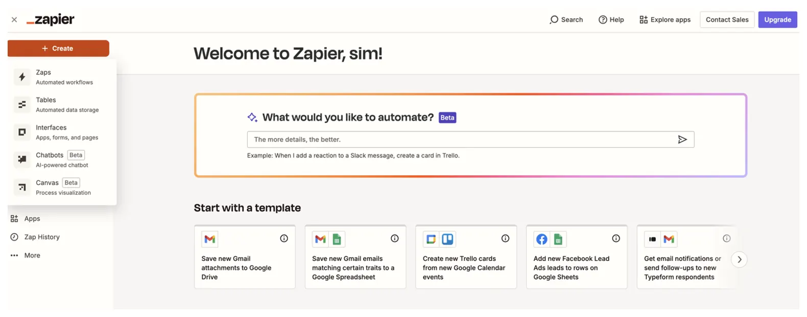 Criação de um Zap no Zapier