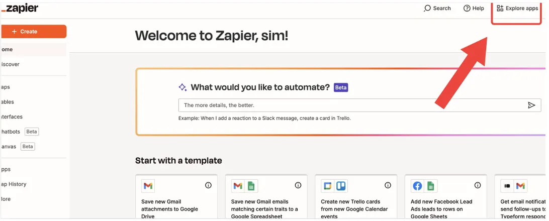 Menu Explore apps no Zapier