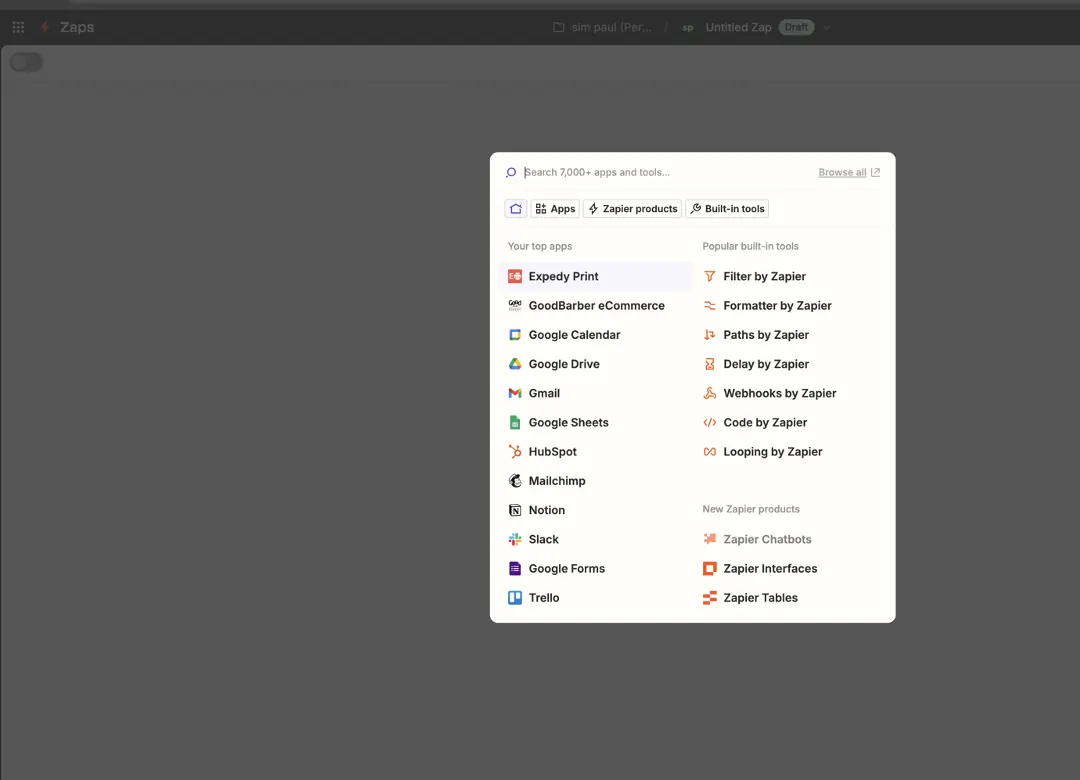 Seleção do Expedy Print no Zapier