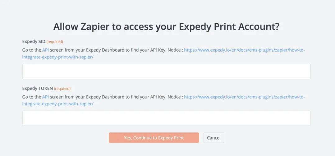 Autorizar o Zapier a aceder ao Expedy Print