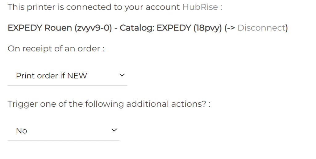 HubRise trigger settings