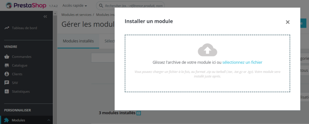 Module installation screen