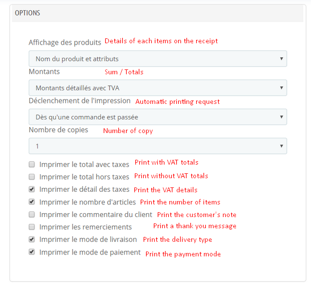 Printing options settings