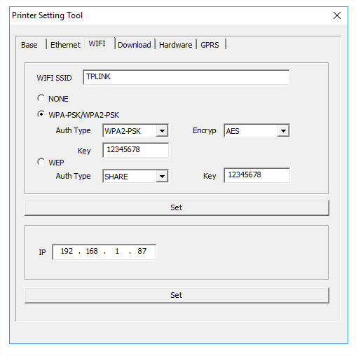 WiFi tab in PrinterSetting software